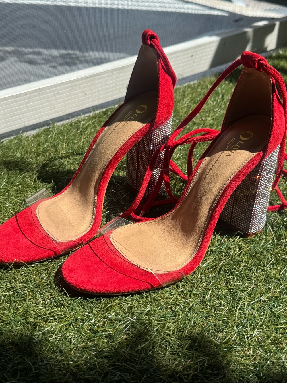 Olivia James Red Suede Strappy Heels with Rhinestone Size 8